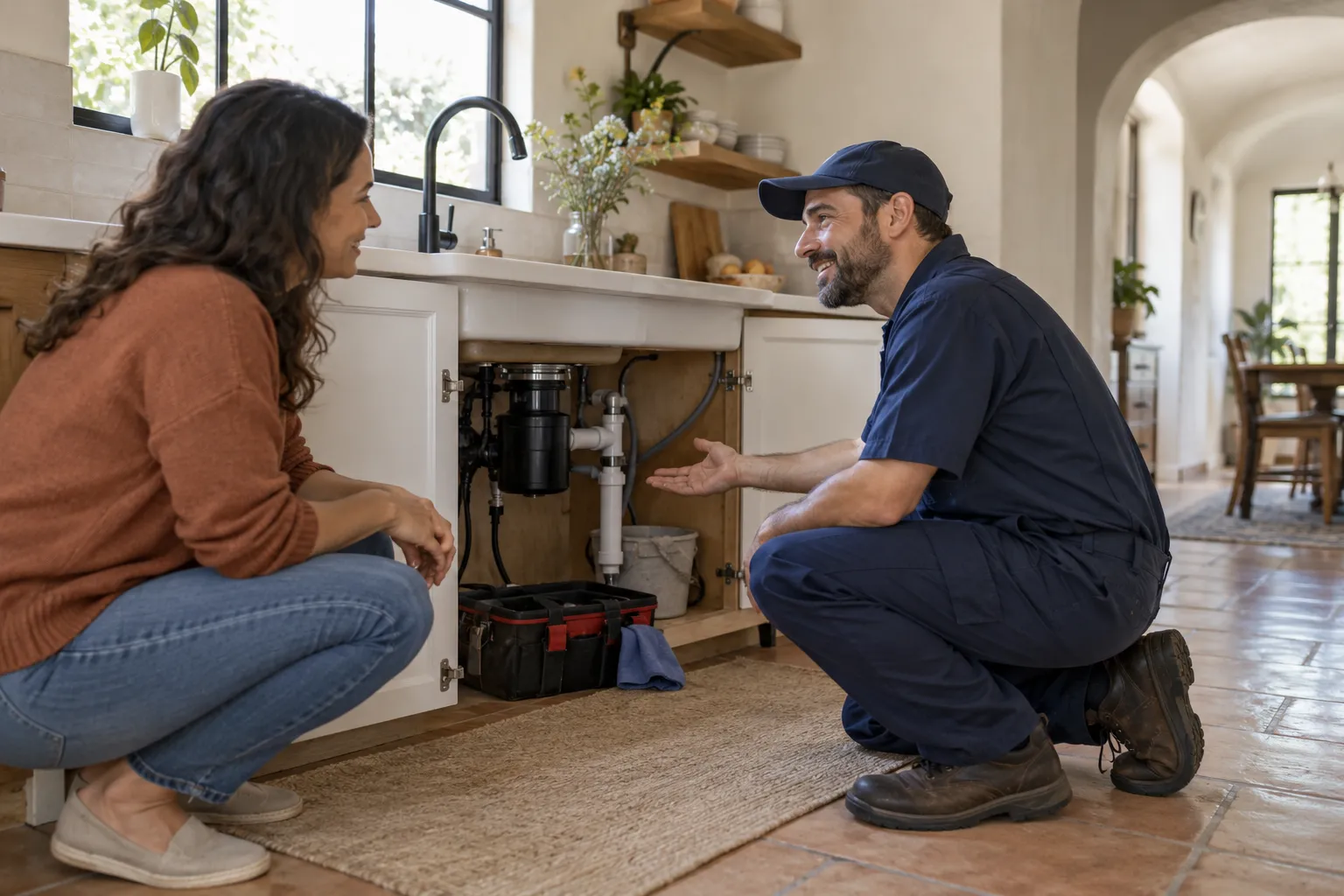 A friendly plumbing provider talking with a homeowner in a bright kitchen in Glendale