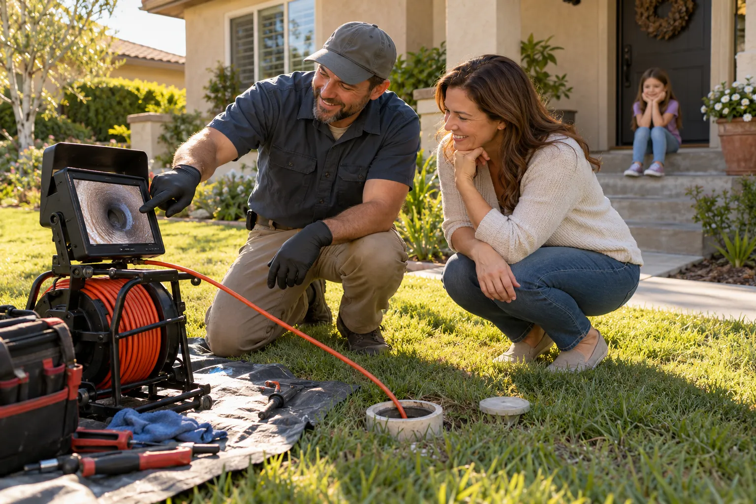 A friendly plumber showing a homeowner a camera inspection screen near a stucco ranch home in Glendale